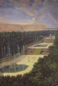 The Groves of Versailles, Perspektivutsikt over de tre fontenene med kjeruber som raker og vanner, 1688